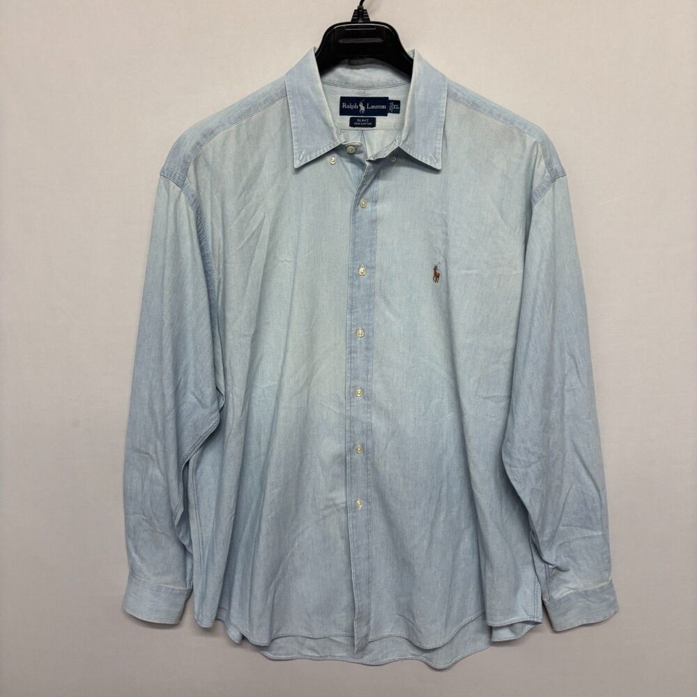 Vintage Ralph Lauren Men Denim Chambray Blake Button Shirt XL X-Large D134 -14